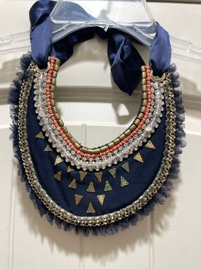 Stella & Dot Navy Bib Necklace with Coral Beads and Gold Accents